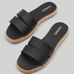 Kaanas Dantita Espadrille Platform Slide Sandal Black‎ Leather Two Dual Strap 10